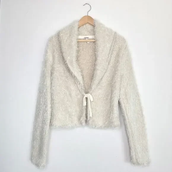 Free People Mina Fuzzy Sequin Tie Front Cardigan Cream Ivory Size Large - Picture 2 of 9